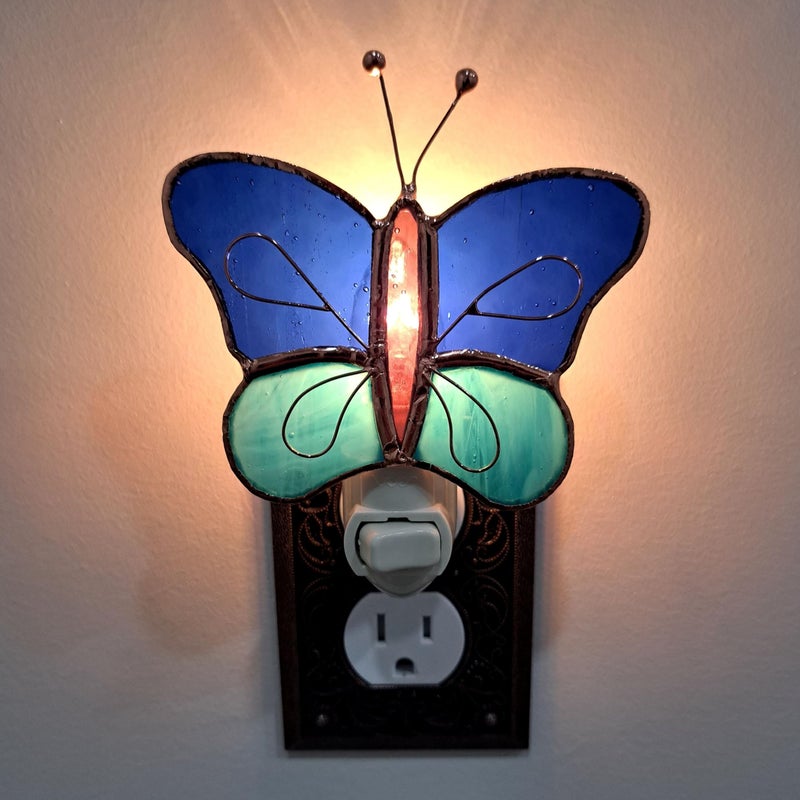 Gift Essentials Blue and Aqua Butterfly Plug in Night Light - Stained Glass Nightlight with On/Off Rocker Switch - Includes One 4 Watt Replaceable Incandescent Warm Glow Bulb - Image 5